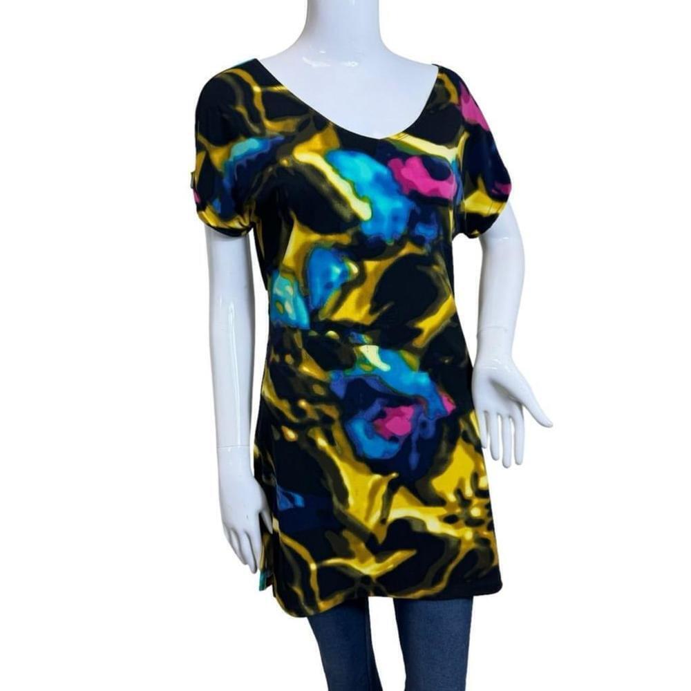 Women's Worthington S Yellow Blue Floral Print Short Sleeve Tunic Top